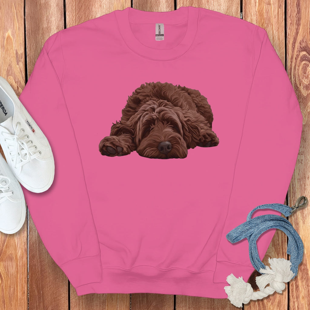 Chocolate Goldendoodle Snoozing Sweatshirt in Heliconia / S by Puppy Jo