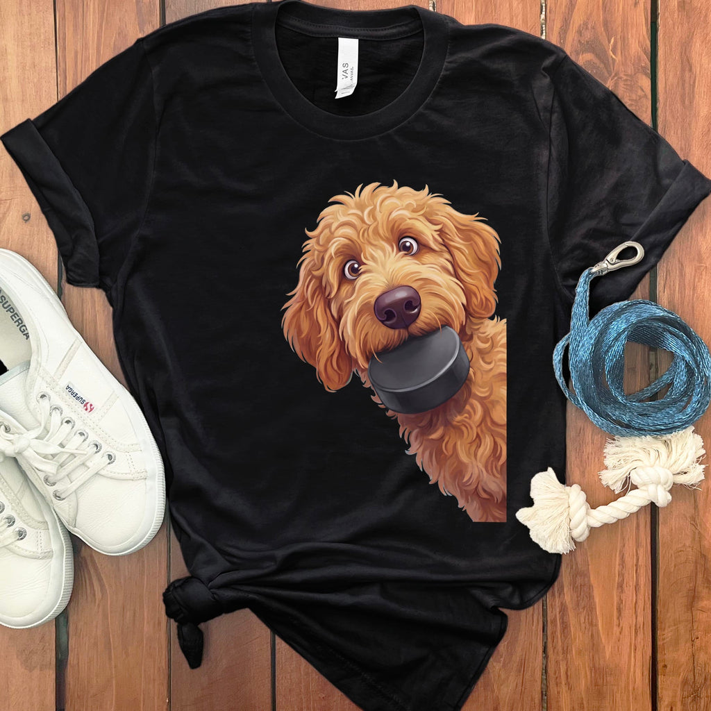 Apricot Goldendoodle Hockey Puck T-Shirt in Black / S by Puppy Jo