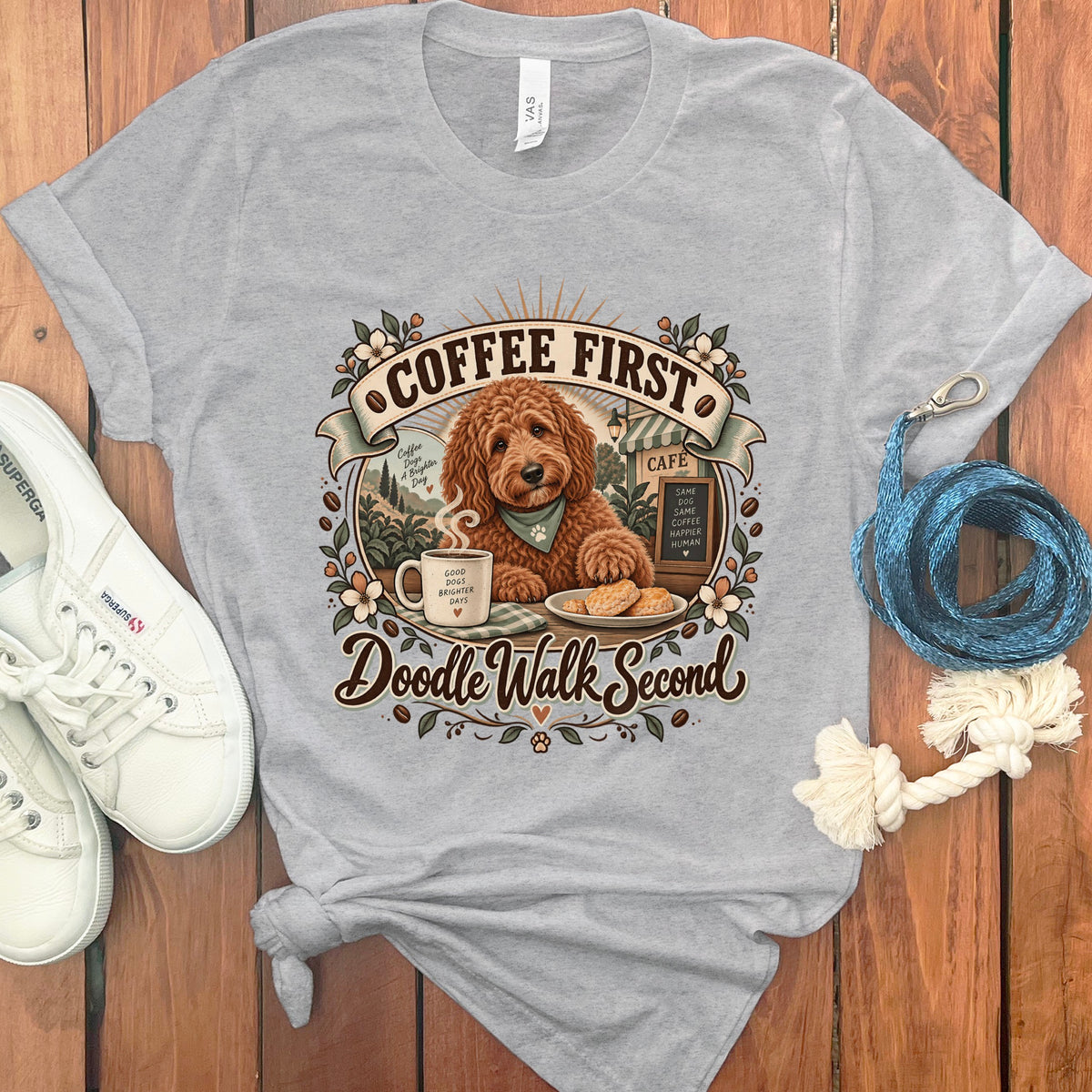 T-shirt with a doodle dog, coffee, and "Coffee First Doodle Walk Second" text.