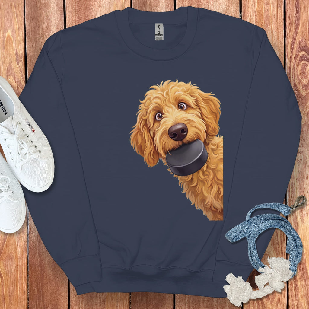 Golden Goldendoodle Hockey Puck Sweatshirt in Navy / S by Puppy Jo