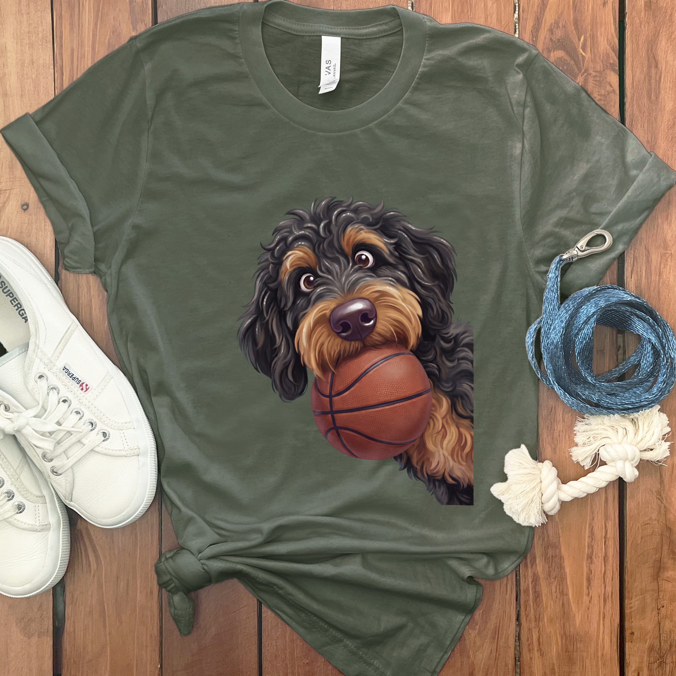 Phantom Goldendoodle Basketball T-Shirt in Military Green / S by Puppy Jo