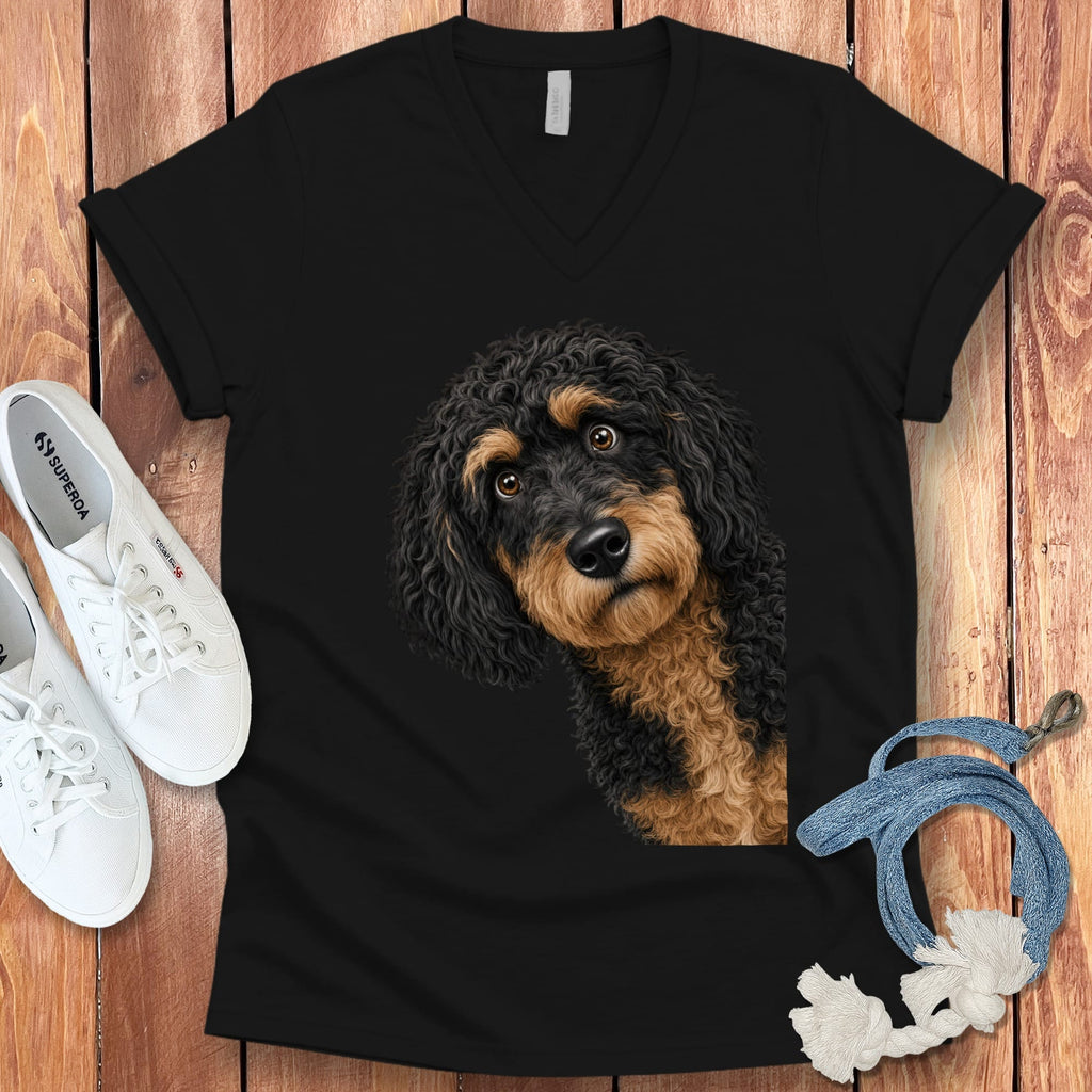 Funny Peeking Phantom Goldendoodle V-Neck T-Shirt in Black / S by Puppy Jo