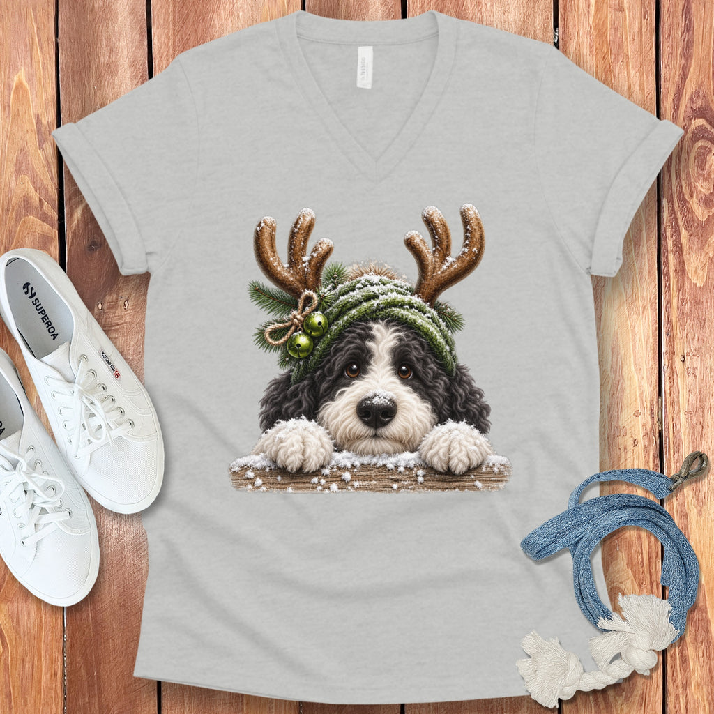 Bernedoodle puppy with reindeer antlers and green beanie, winter theme.