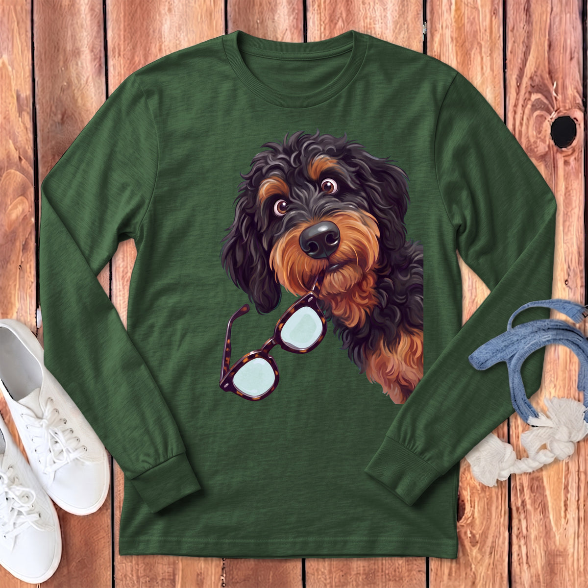 Dark green long-sleeve shirt featuring a graphic of a black and brown fluffy dog holding glasses in its mouth.