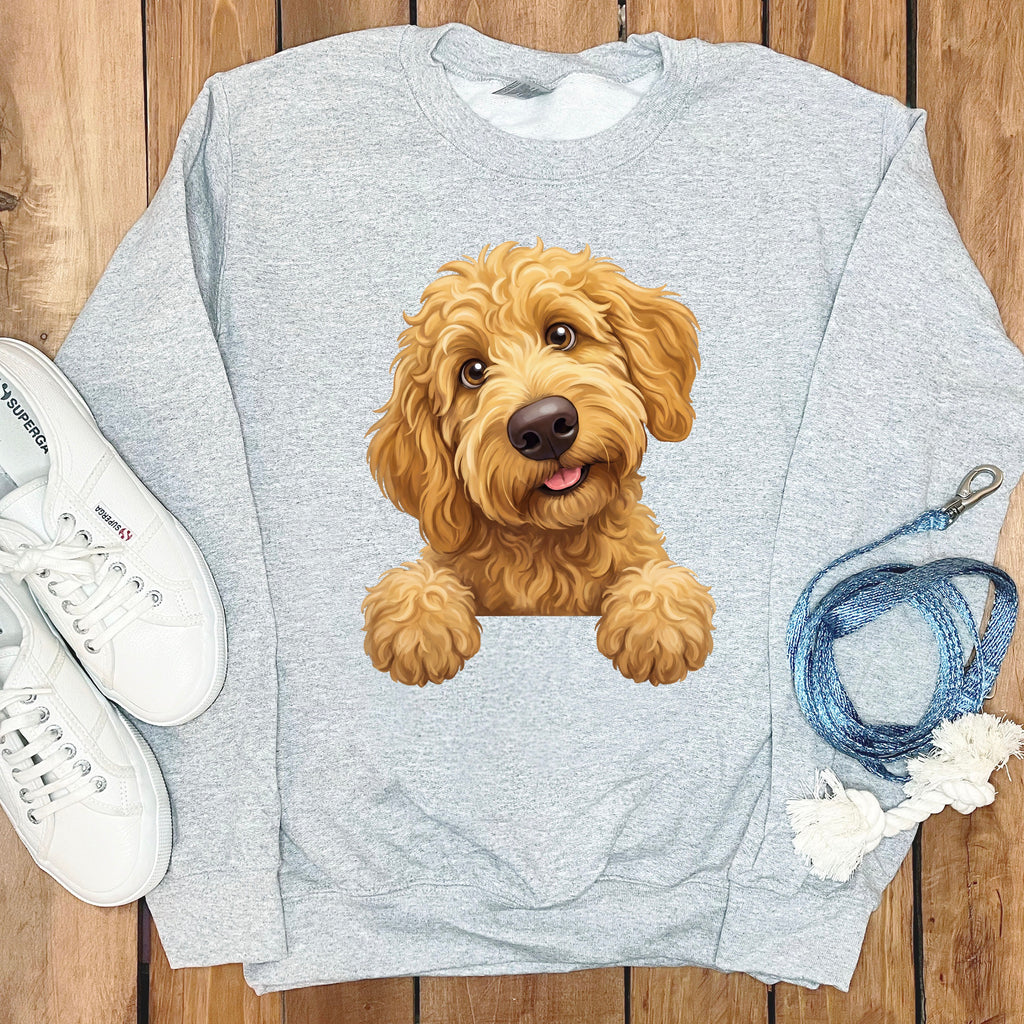 Light gray sweatshirt with a cute doodle dog graphic on the chest.