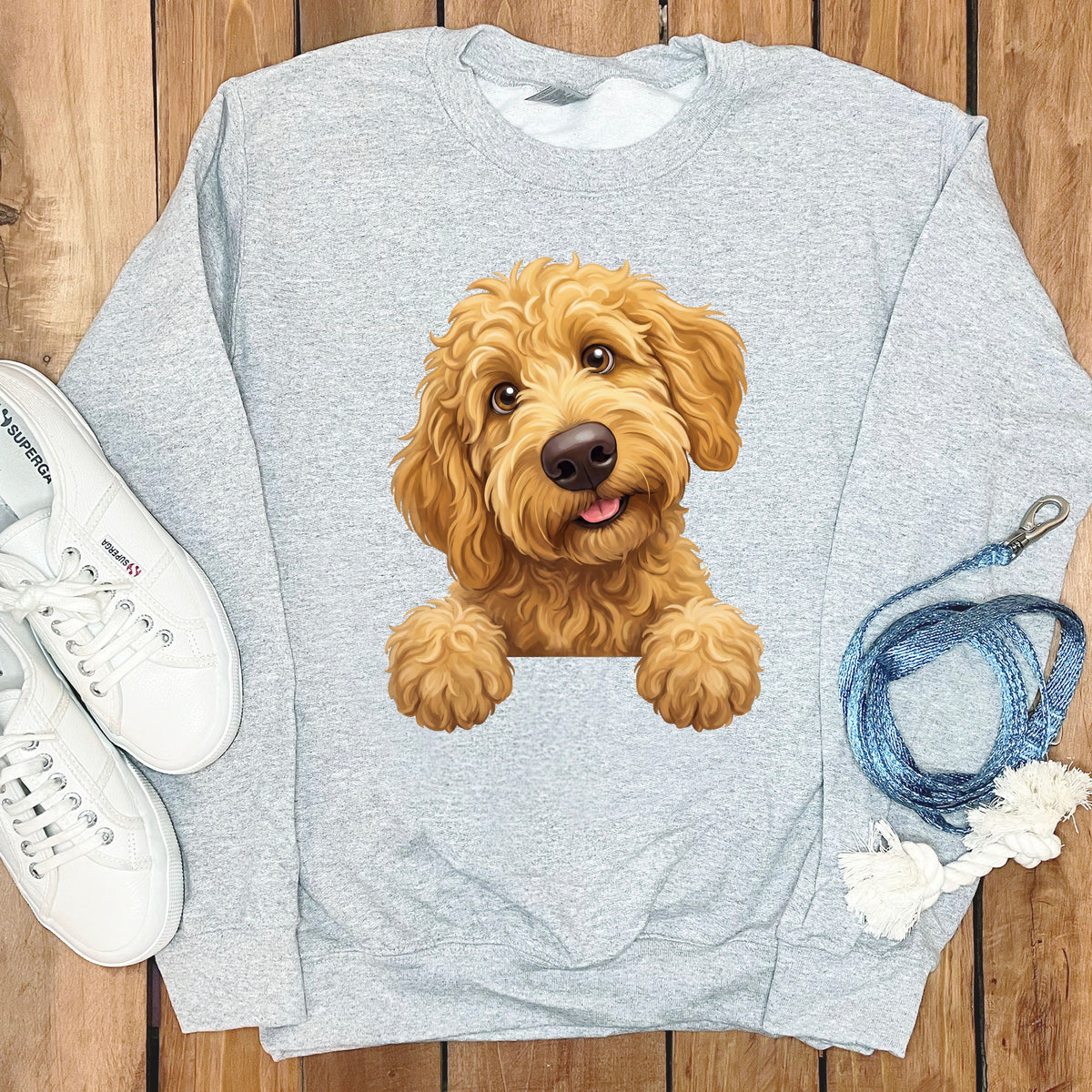 Light gray sweatshirt with a cute doodle dog graphic on the chest.