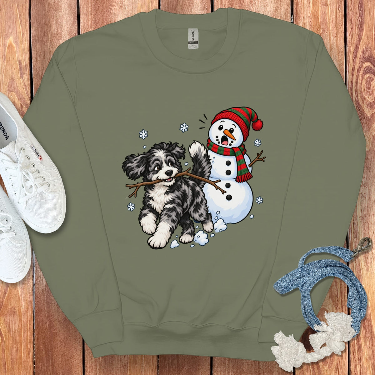 Merle Goldendoodle Snowman Sweatshirt in Military Green / S by Puppy Jo