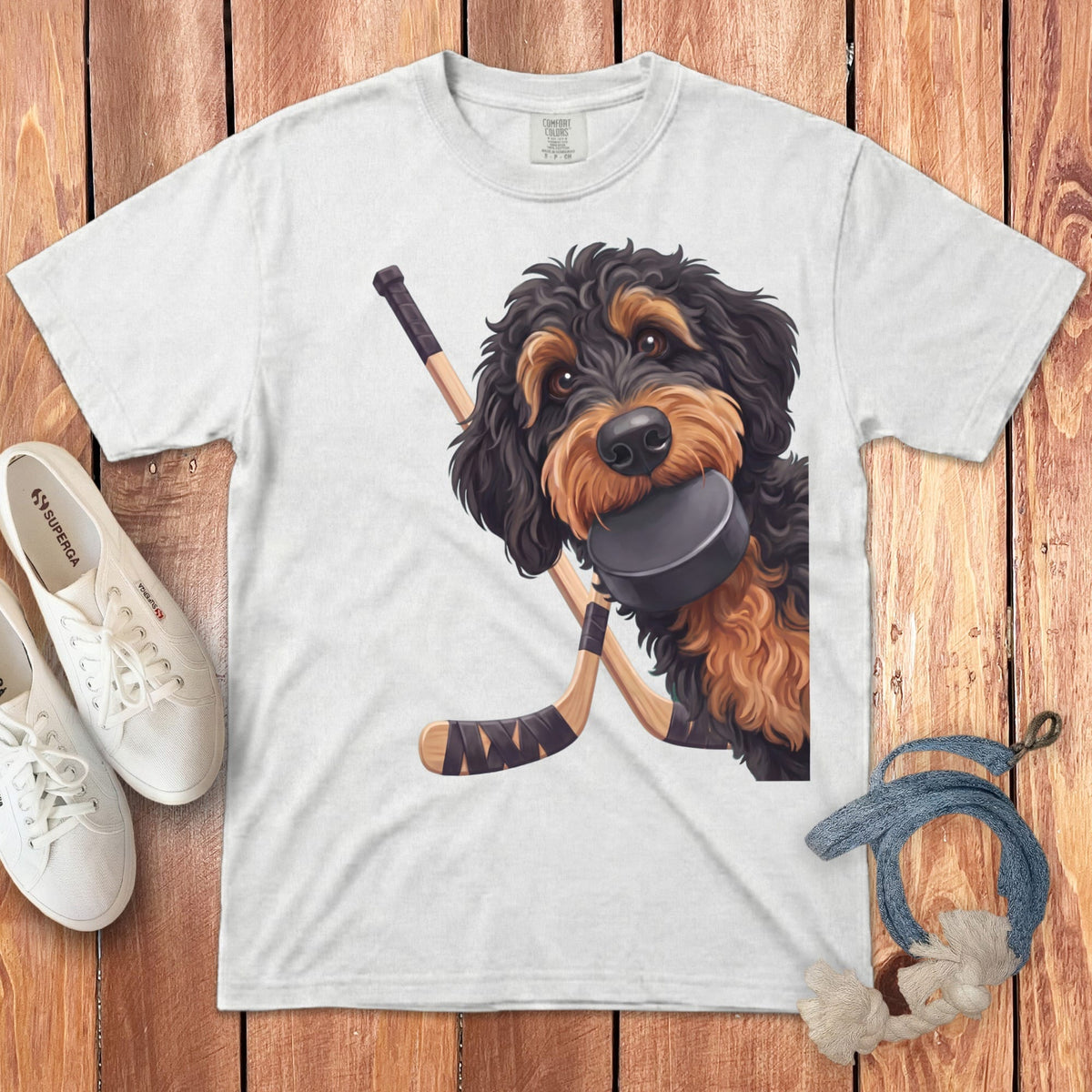 Phantom Goldendoodle Hockey Signature T-Shirt in White / S by Puppy Jo