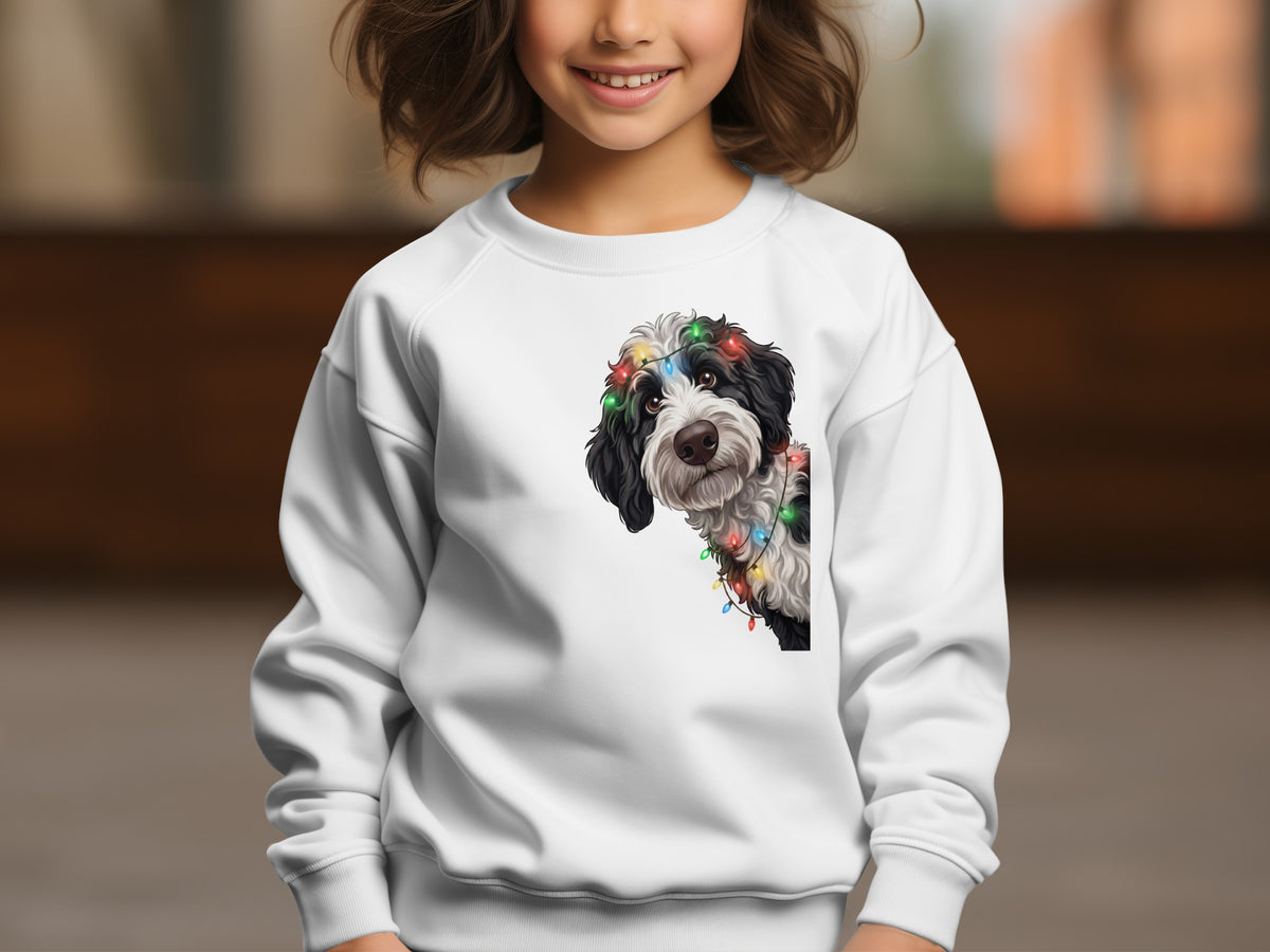 White sweatshirt with a black and white dog wearing colorful lights graphic.