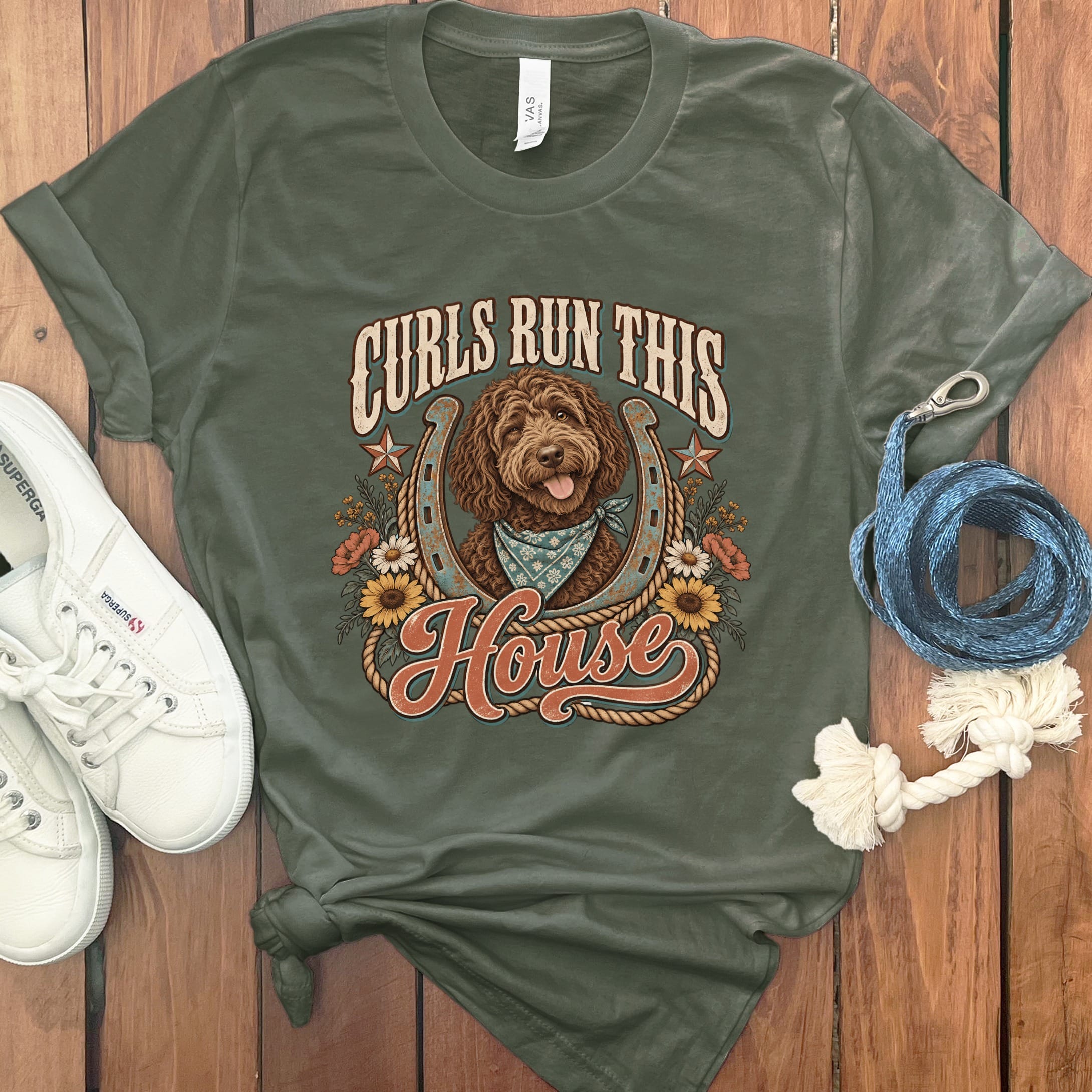 Curls House Doodle T-Shirt in Military Green / S by Puppy Jo