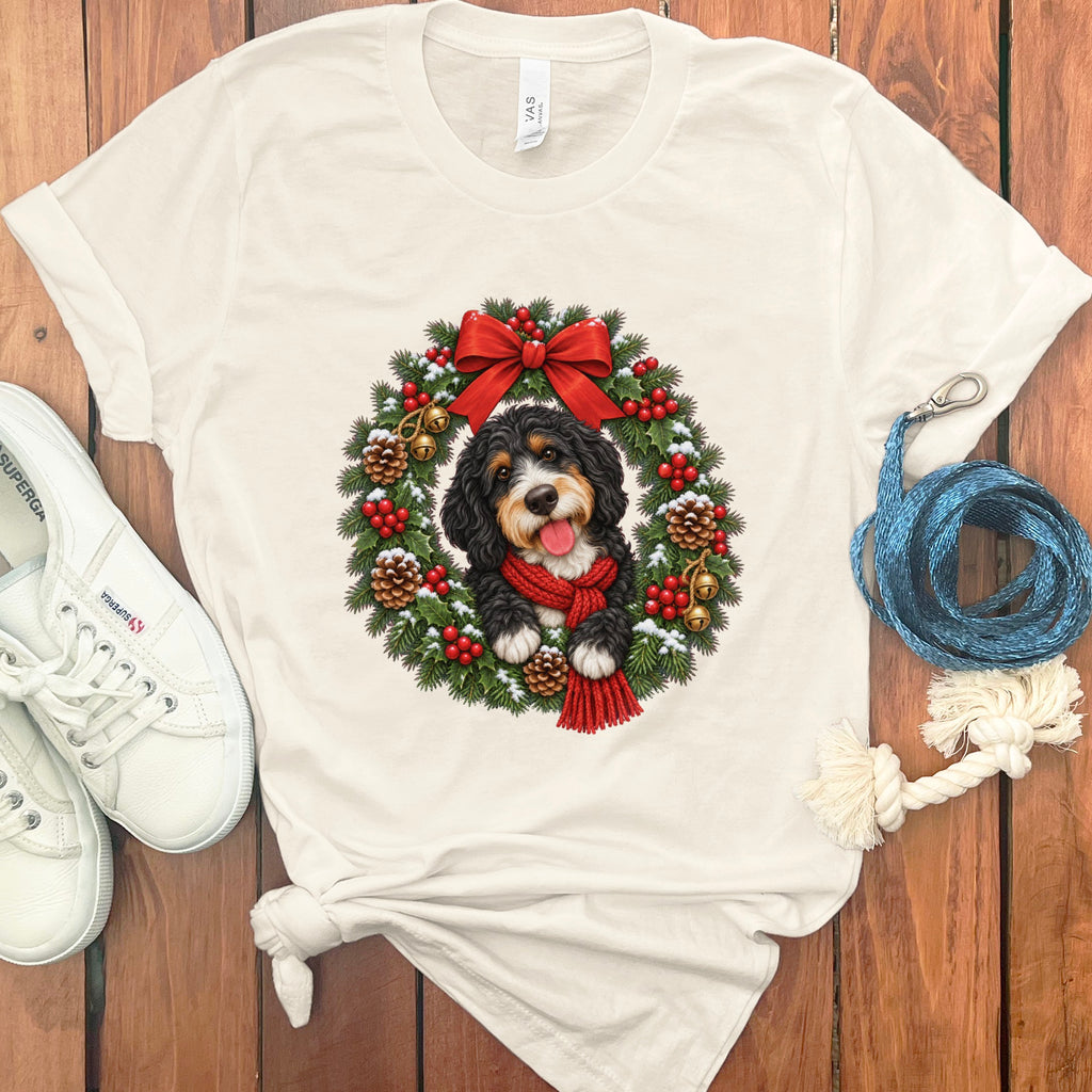 Cream t-shirt featuring a Bernedoodle wearing a red scarf inside a Christmas wreath, placed on a wooden surface.