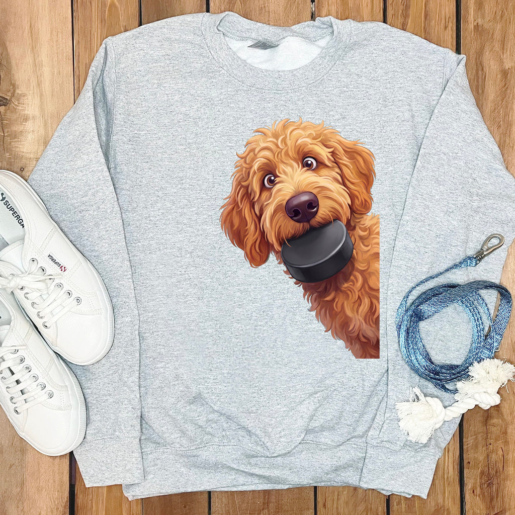 Apricot Goldendoodle Hockey Puck Sweatshirt in Sport Grey / S by Puppy Jo