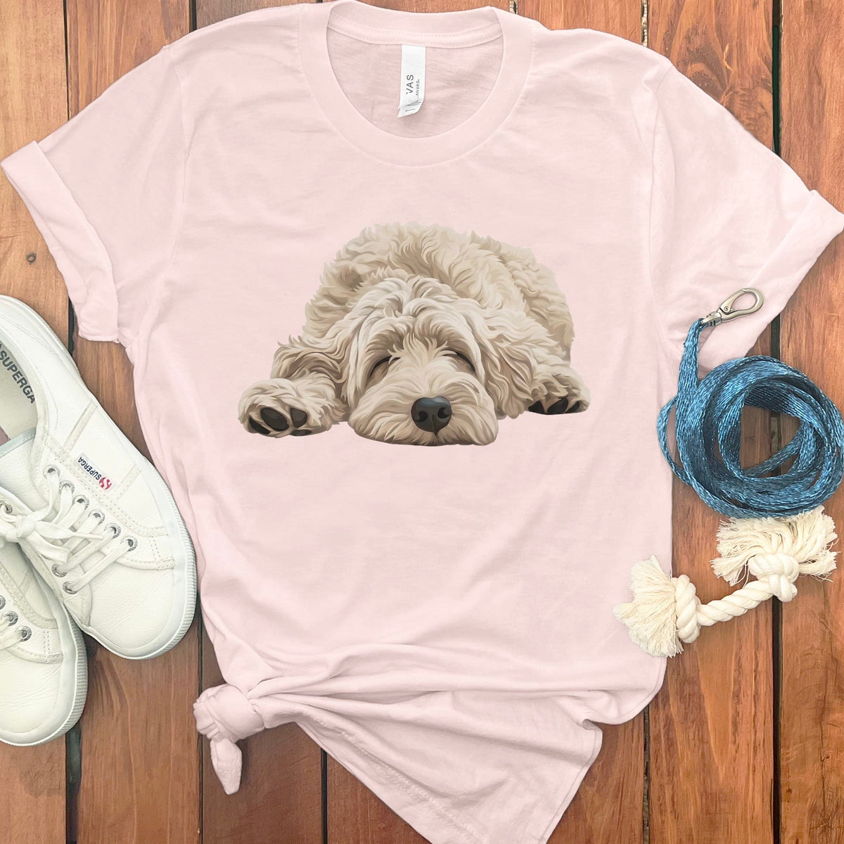 Cream Goldendoodle Snoozing T-Shirt in Soft Pink / S by Puppy Jo