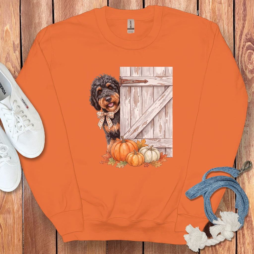 Phantom Goldendoodle Barn Peeking Sweatshirt in Orange / S by Puppy Jo