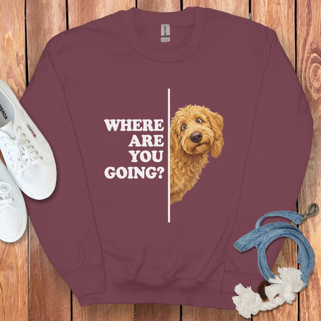 Where Going Apricot Goldendoodle Sweatshirt in Maroon / S by Puppy Jo