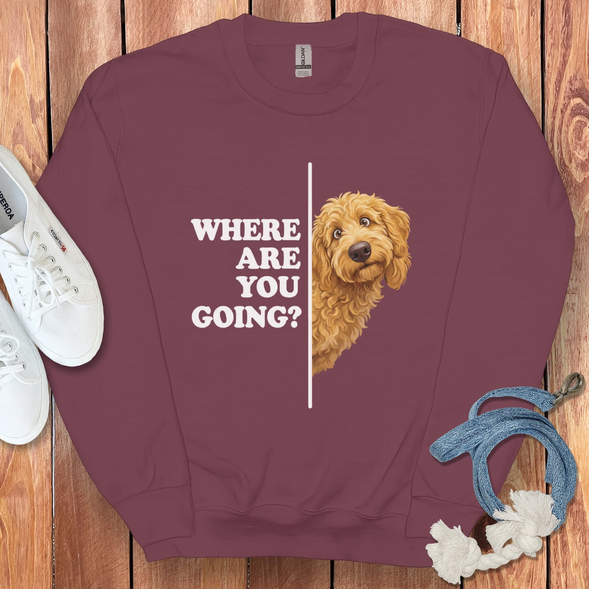Where Going Apricot Goldendoodle Sweatshirt in Maroon / S by Puppy Jo