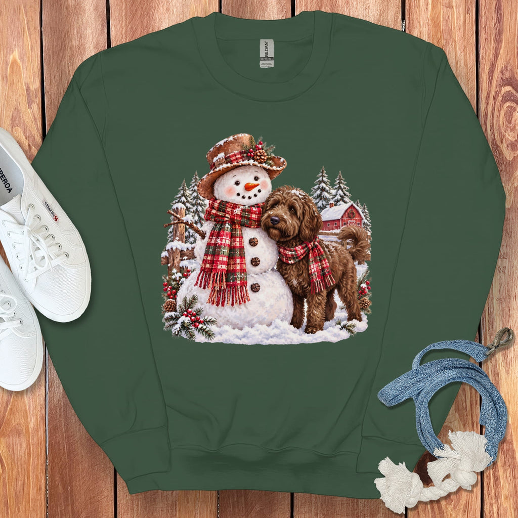 Chocolate Goldendoodle Christmas Snowman Sweatshirt in Forest Green / S by Puppy Jo