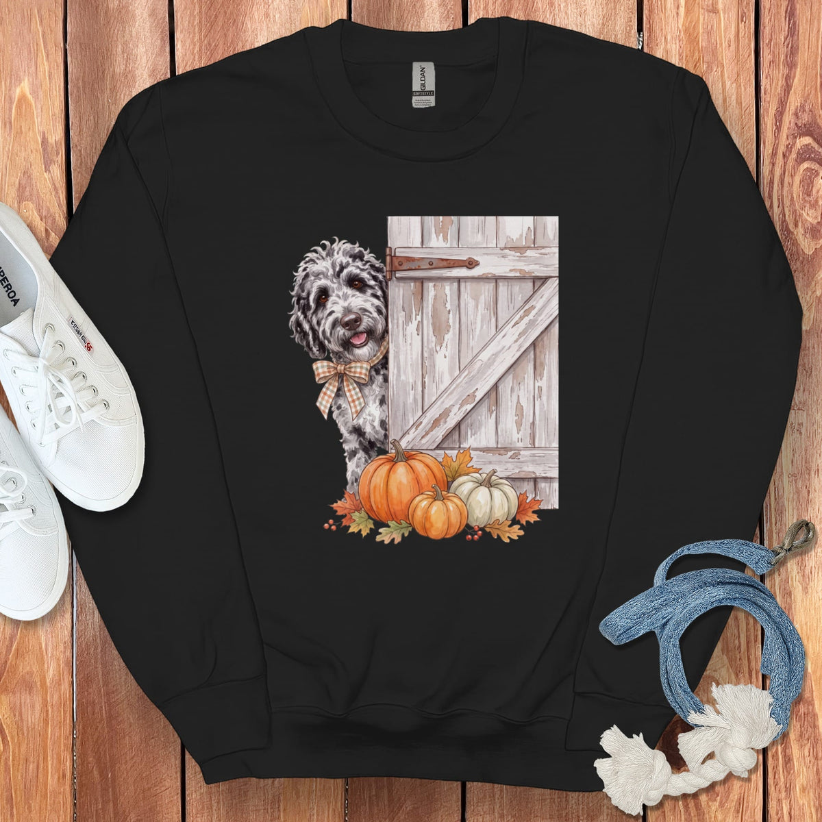 Merle Goldendoodle Barn Peeking Sweatshirt in Black / S by Puppy Jo