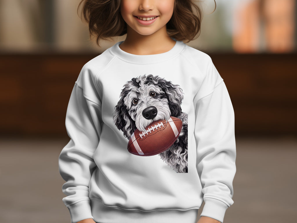White sweatshirt with a dog holding a football design.