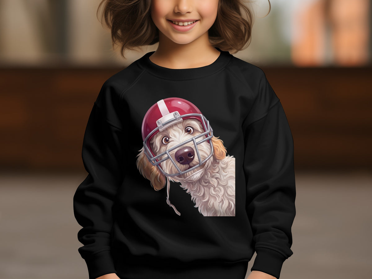 Black sweatshirt on a child featuring a fluffy dog wearing a red football helmet.