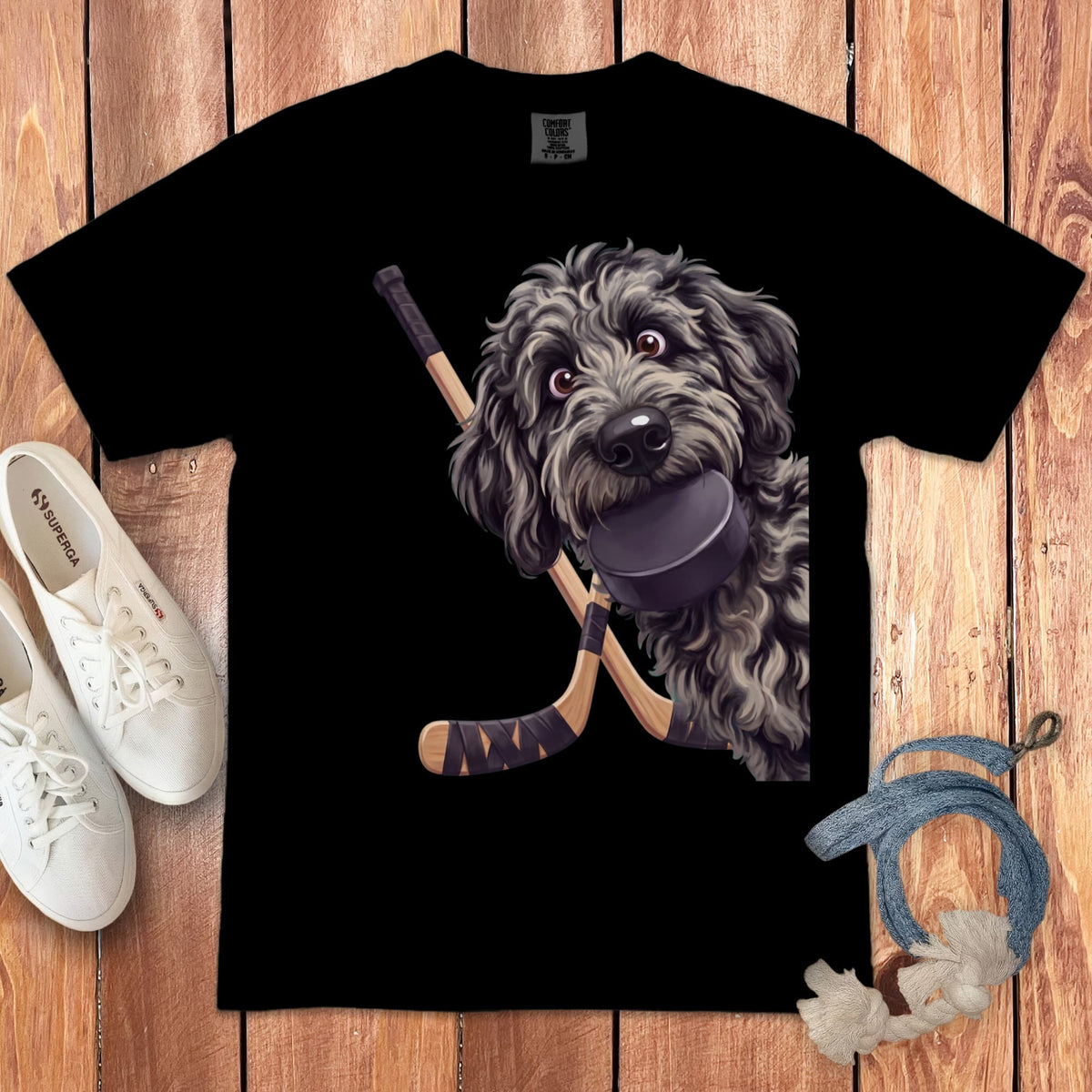 Merle Goldendoodle Hockey Signature T-Shirt in Black / S by Puppy Jo