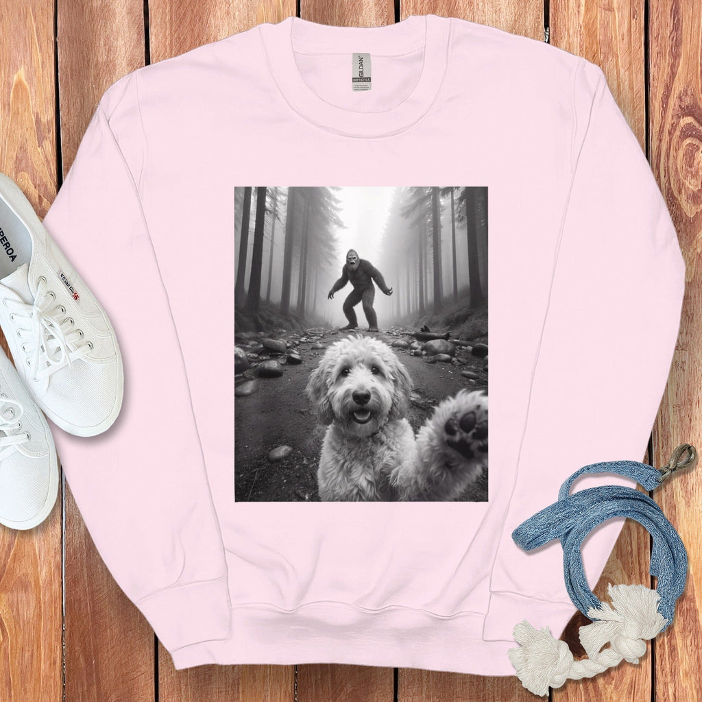 Cute Dog Bigfoot in Forest Pink Sweatshirt