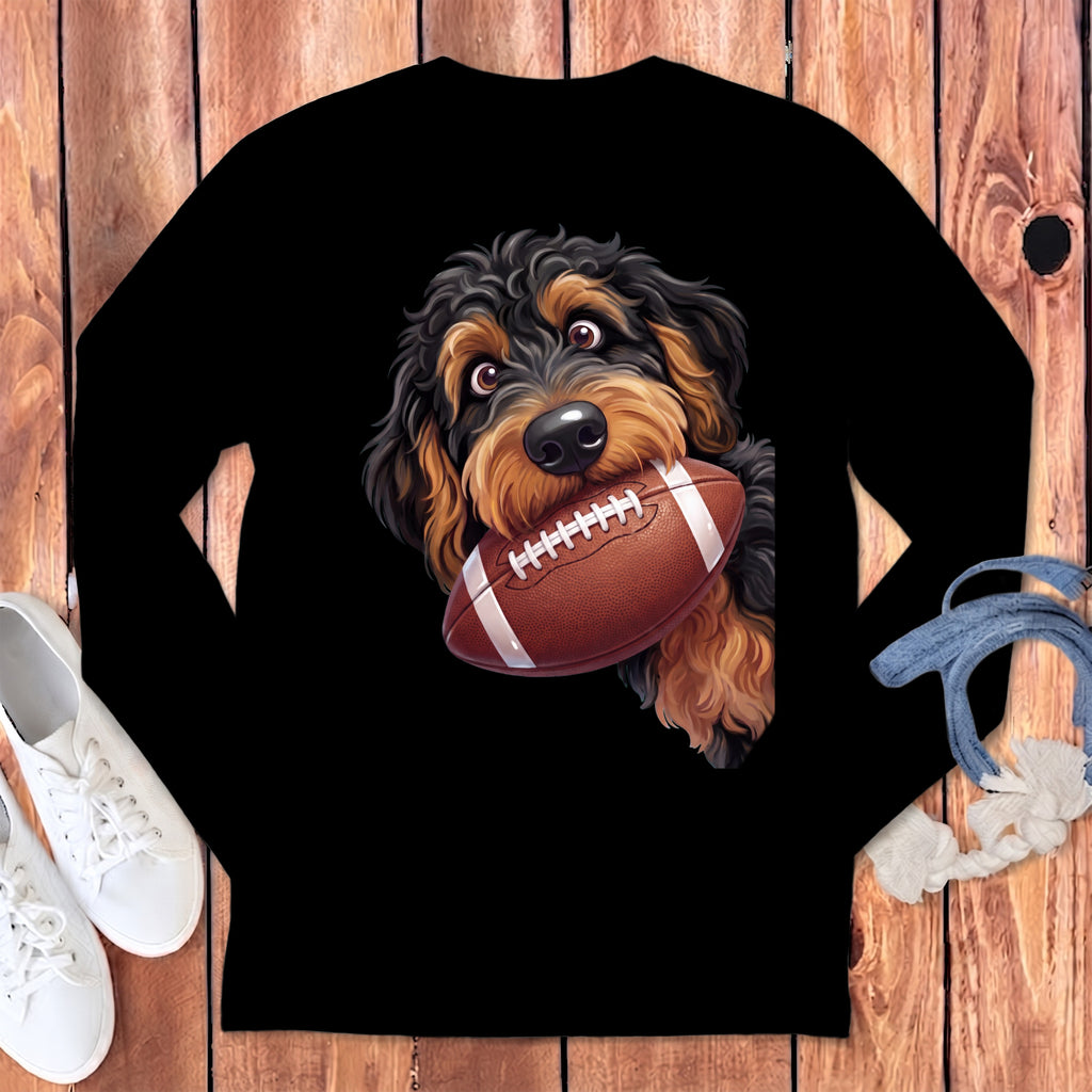 Black long-sleeve shirt with a doodle dog holding a football in its mouth.