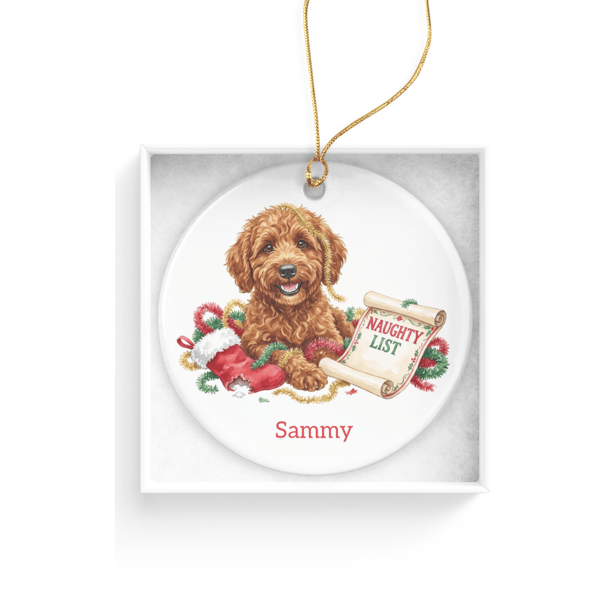 Naughty List Apricot Goldendoodle Ornament in by AnywherePOD