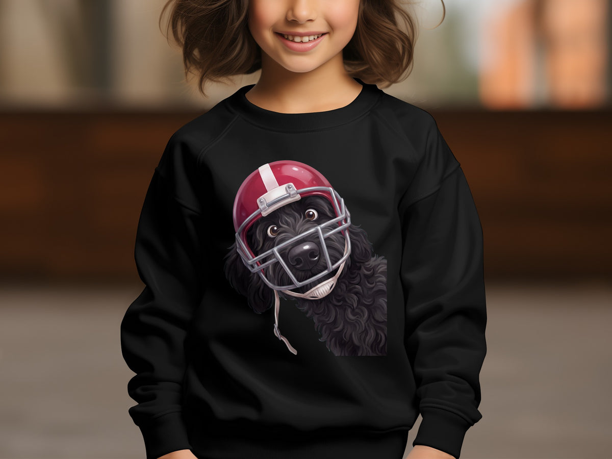 Black sweatshirt on a child with a black dog wearing a red football helmet graphic.