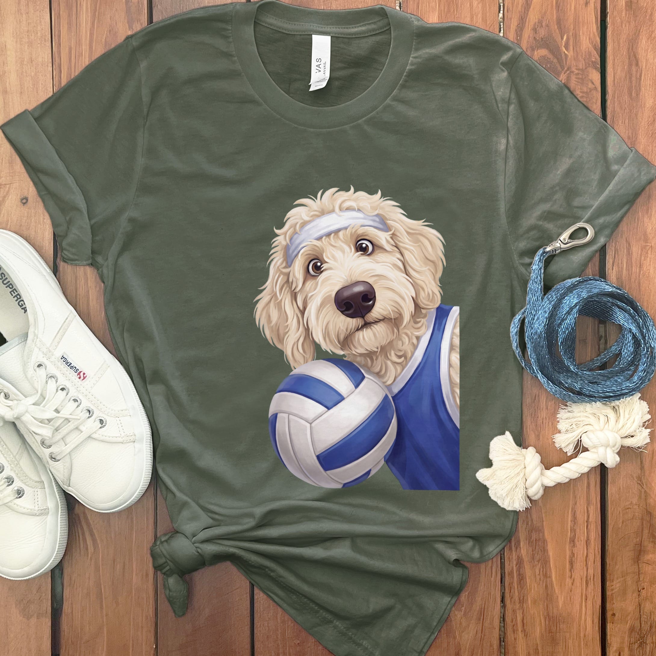 Cream Goldendoodle Volleyball Player T-Shirt in Military Green / S by Puppy Jo