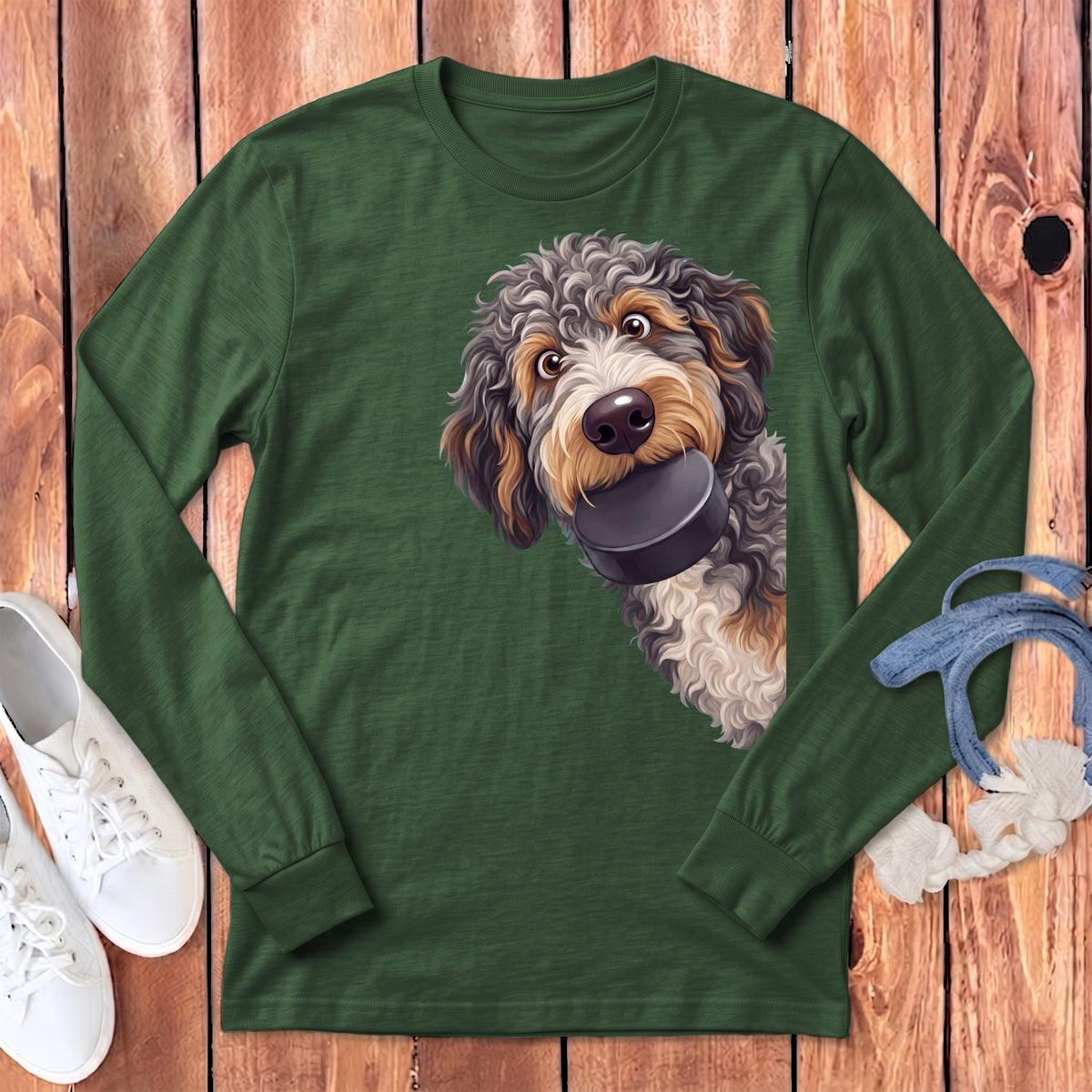 Aussiedoodle Hockey Puck Long Sleeve T-Shirt in Heather Forest / S by Puppy Jo
