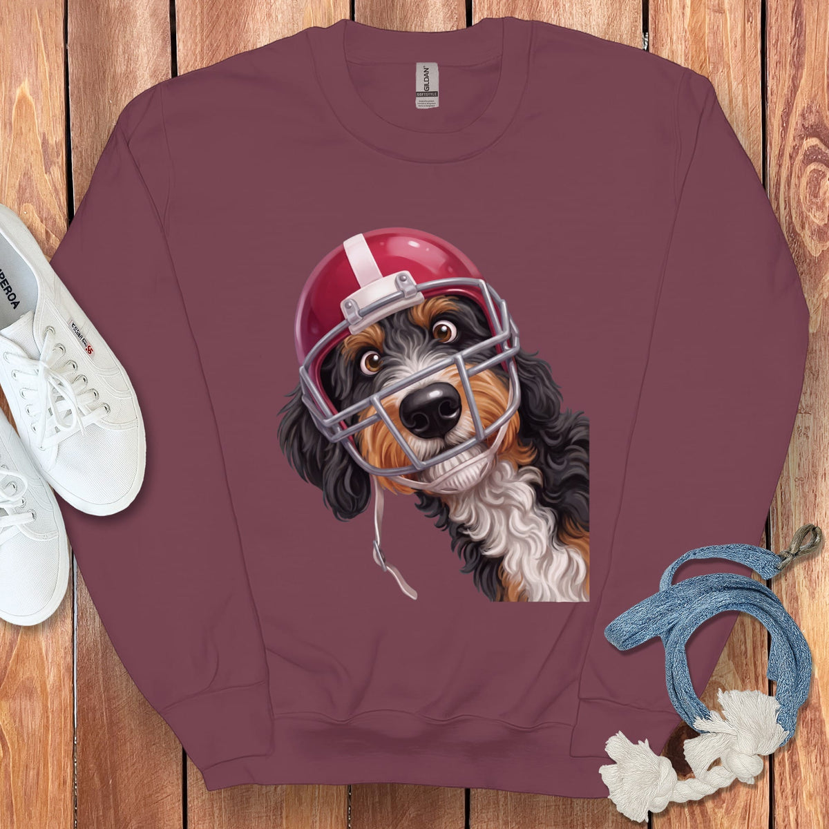 Bernedoodle Football Helmet Sweatshirt in Maroon / S by Puppy Jo