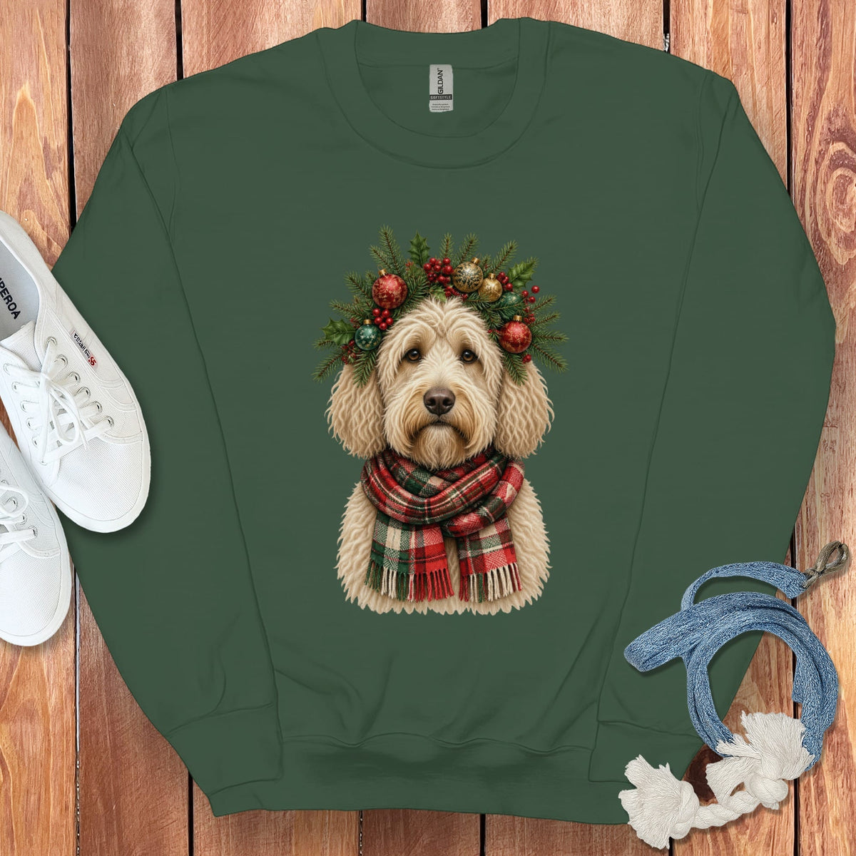 Cream Goldendoodle Holiday Crown Sweatshirt in Forest Green / S by Puppy Jo