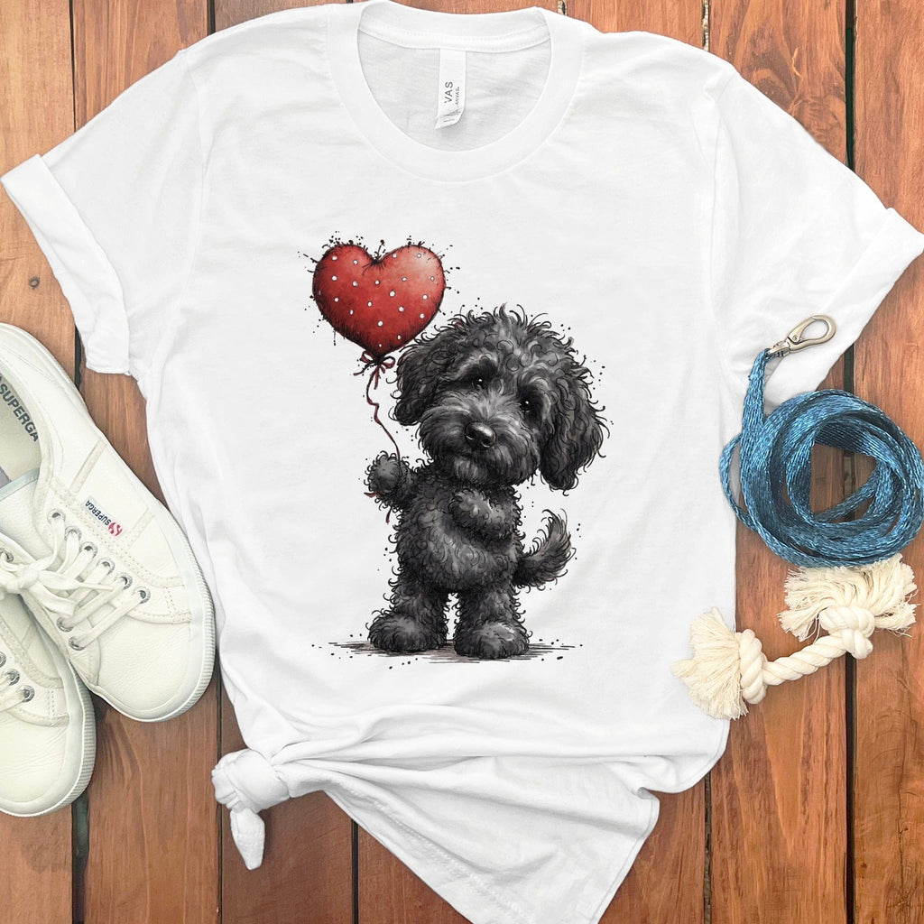 Cute Black Dog Holding Heart Balloon T-Shirt