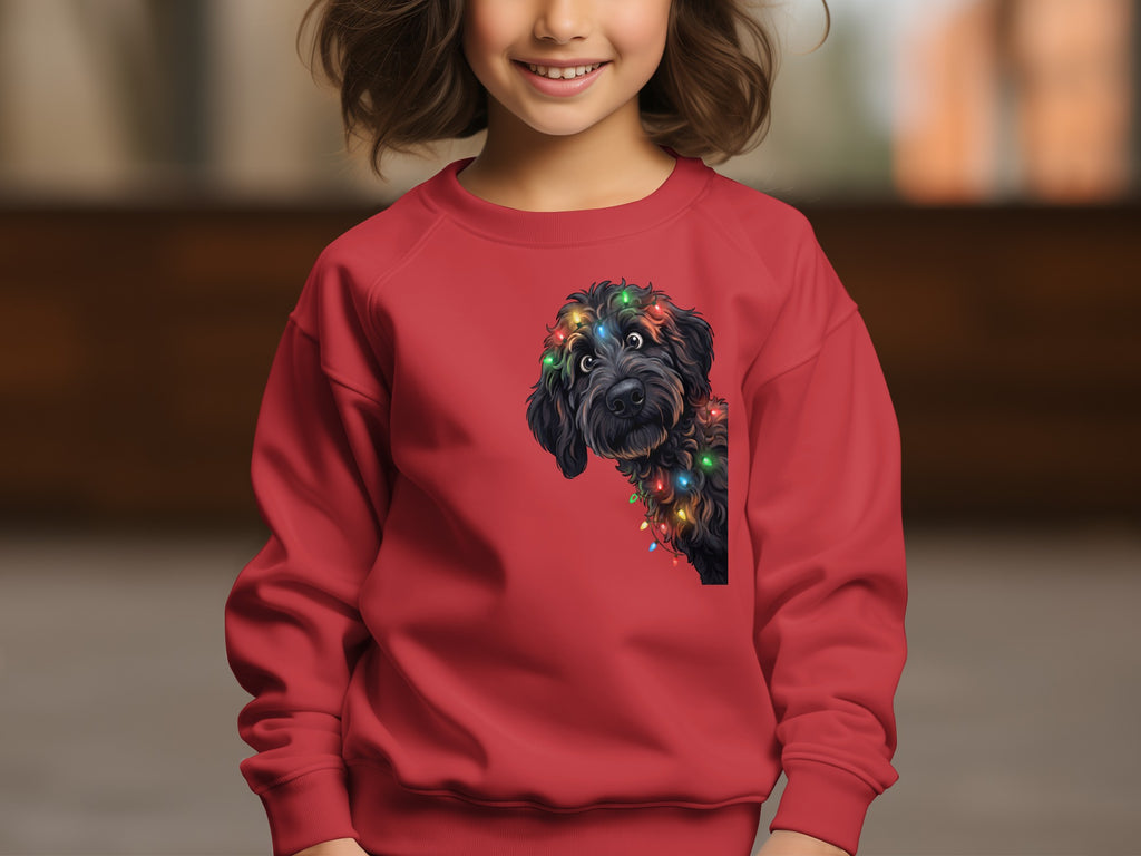 Red sweatshirt with a black dog wearing colorful Christmas lights illustration.