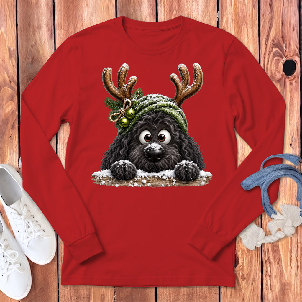 Black dog wearing reindeer antlers and a green hat with snow.