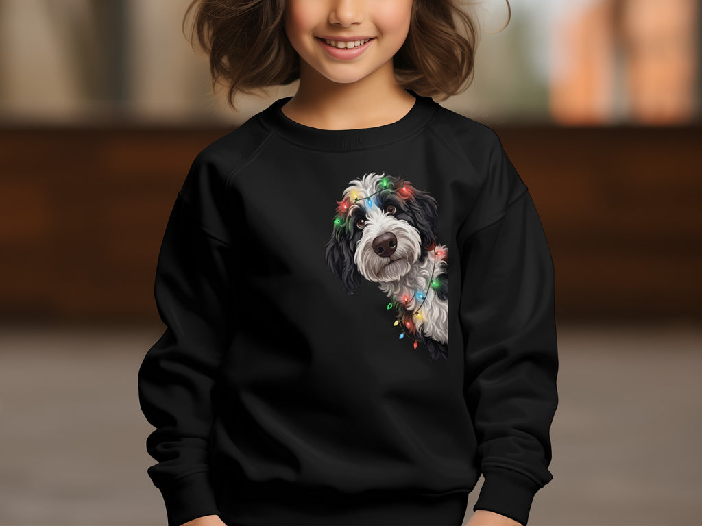 Black sweatshirt with a black and white dog wearing colorful string lights design.