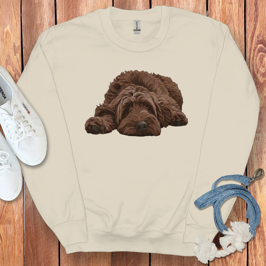 Chocolate Goldendoodle Snoozing Sweatshirt in Sand / S by Puppy Jo