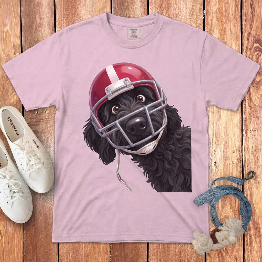 Black Goldendoodle Football Helmet Signature T-Shirt in Blossom / S by Puppy Jo