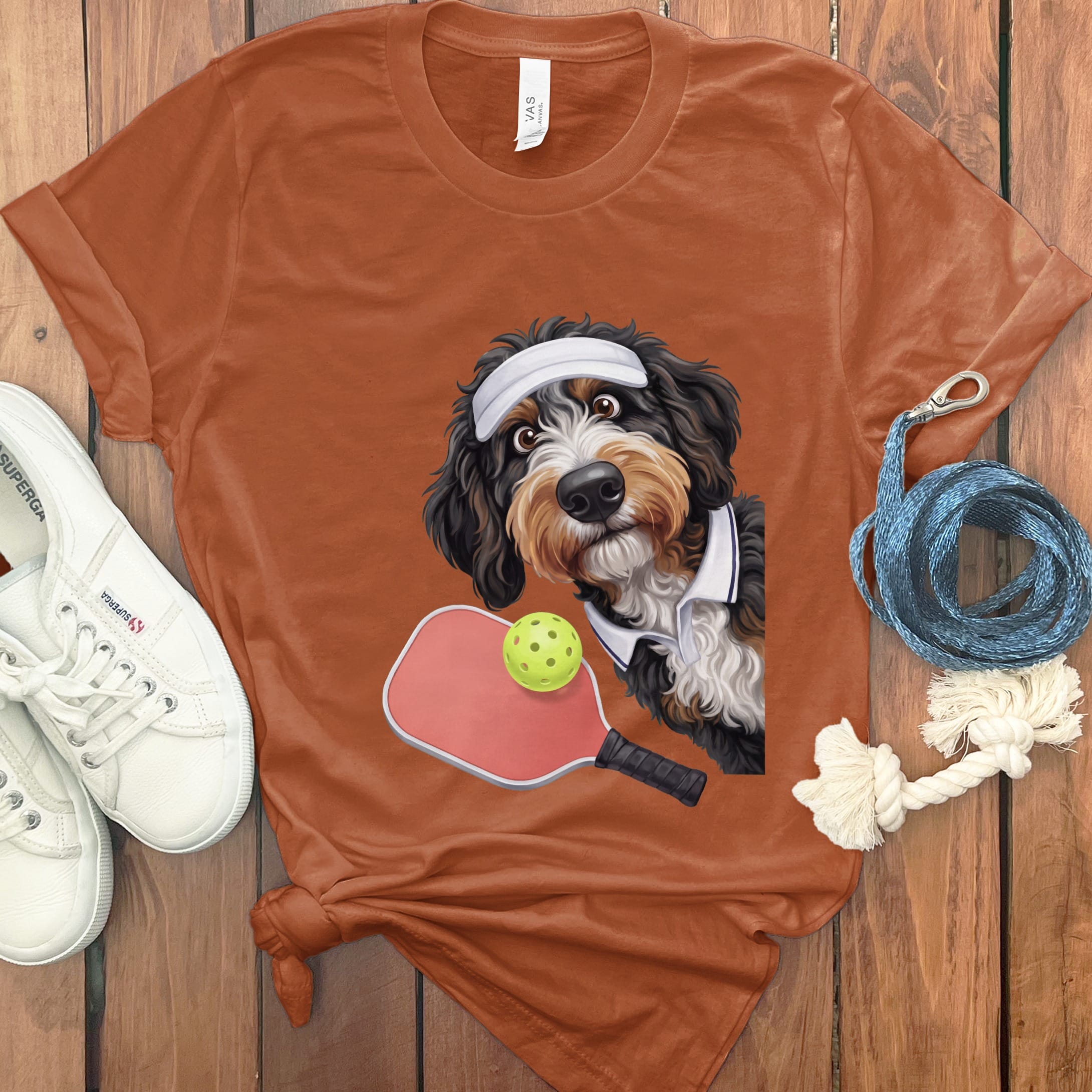 Bernedoodle Pickleball Player T-Shirt in Autumn / S by Puppy Jo