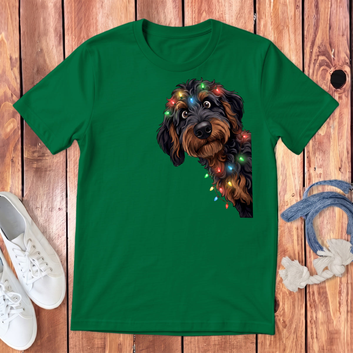 Green t-shirt with a doodle dog wearing colorful Christmas lights.