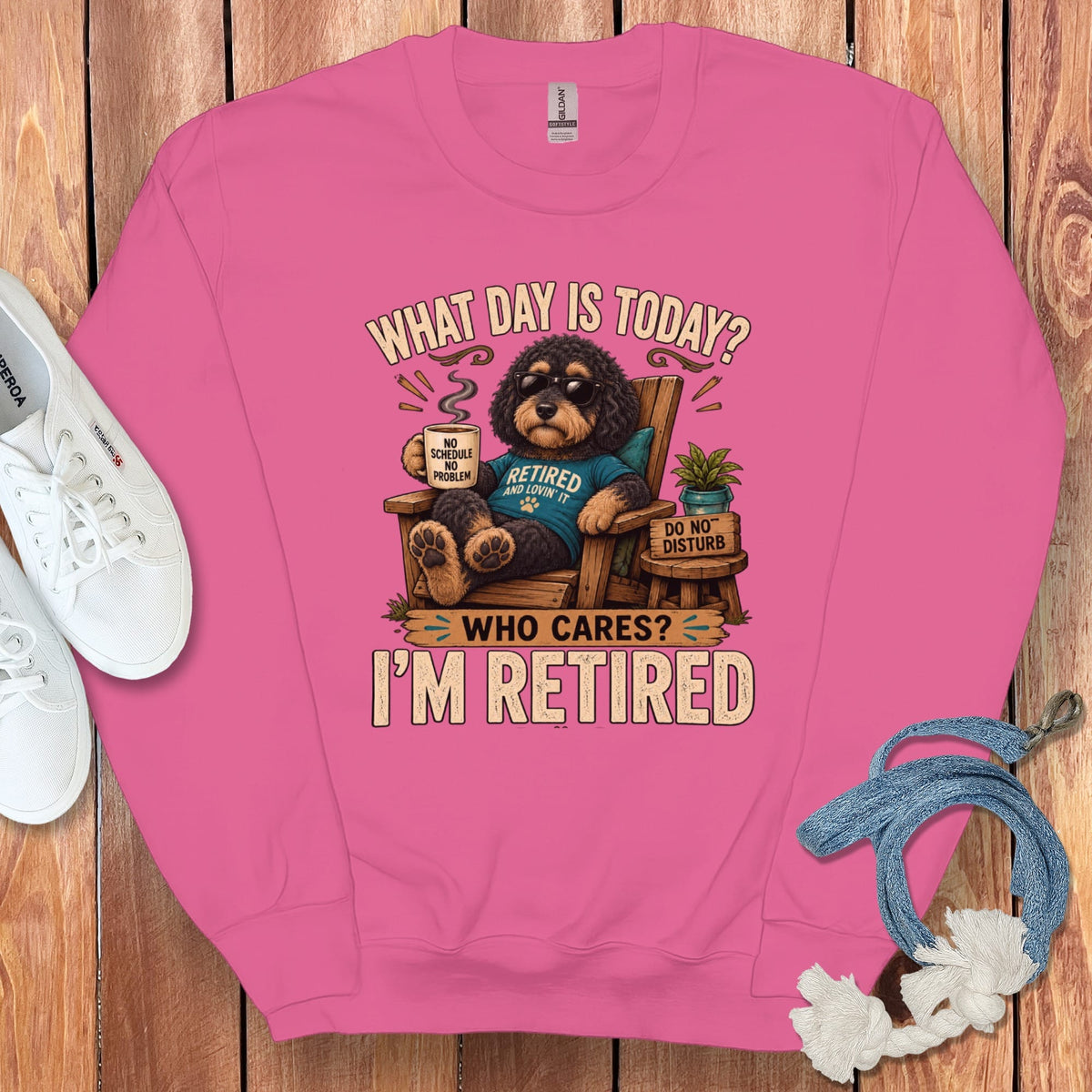 I'm Retired Phantom Goldendoodle Sweatshirt in Heliconia / S by Puppy Jo