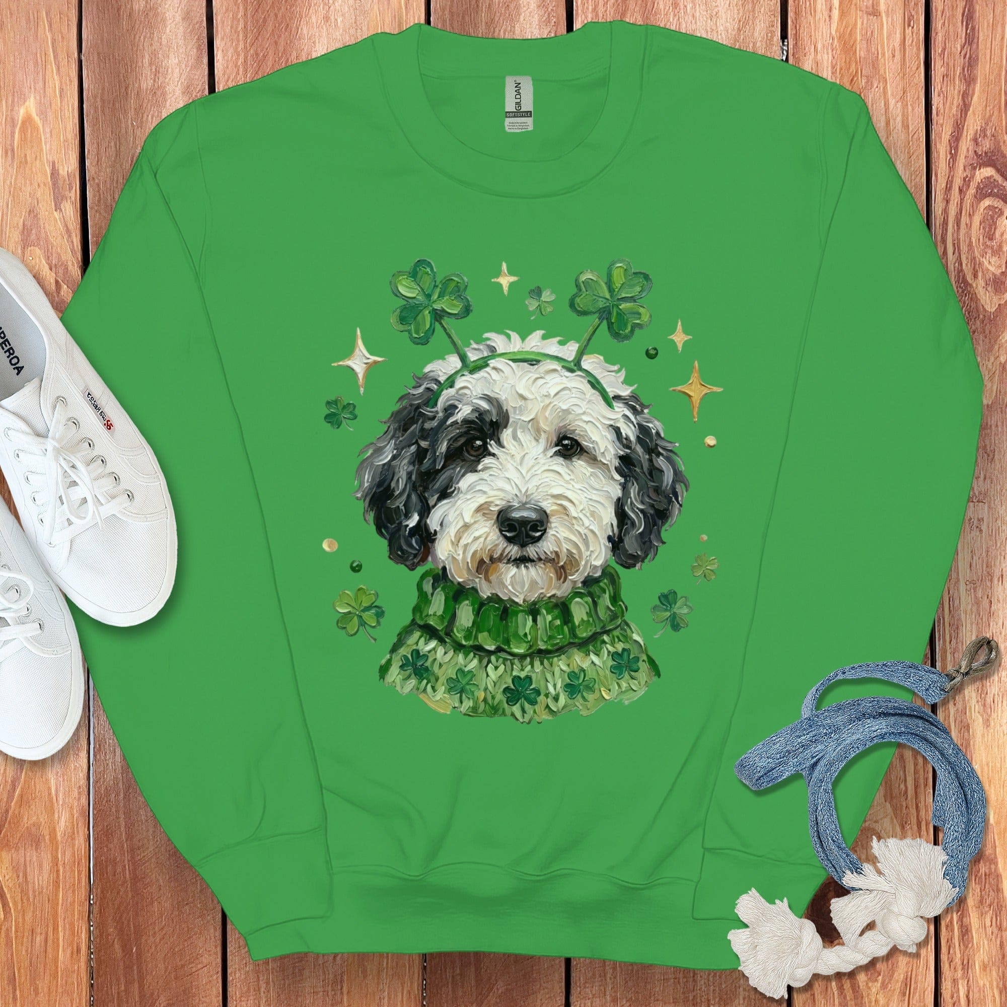 Shamrock Dog with Clover Headband Green Sweatshirt