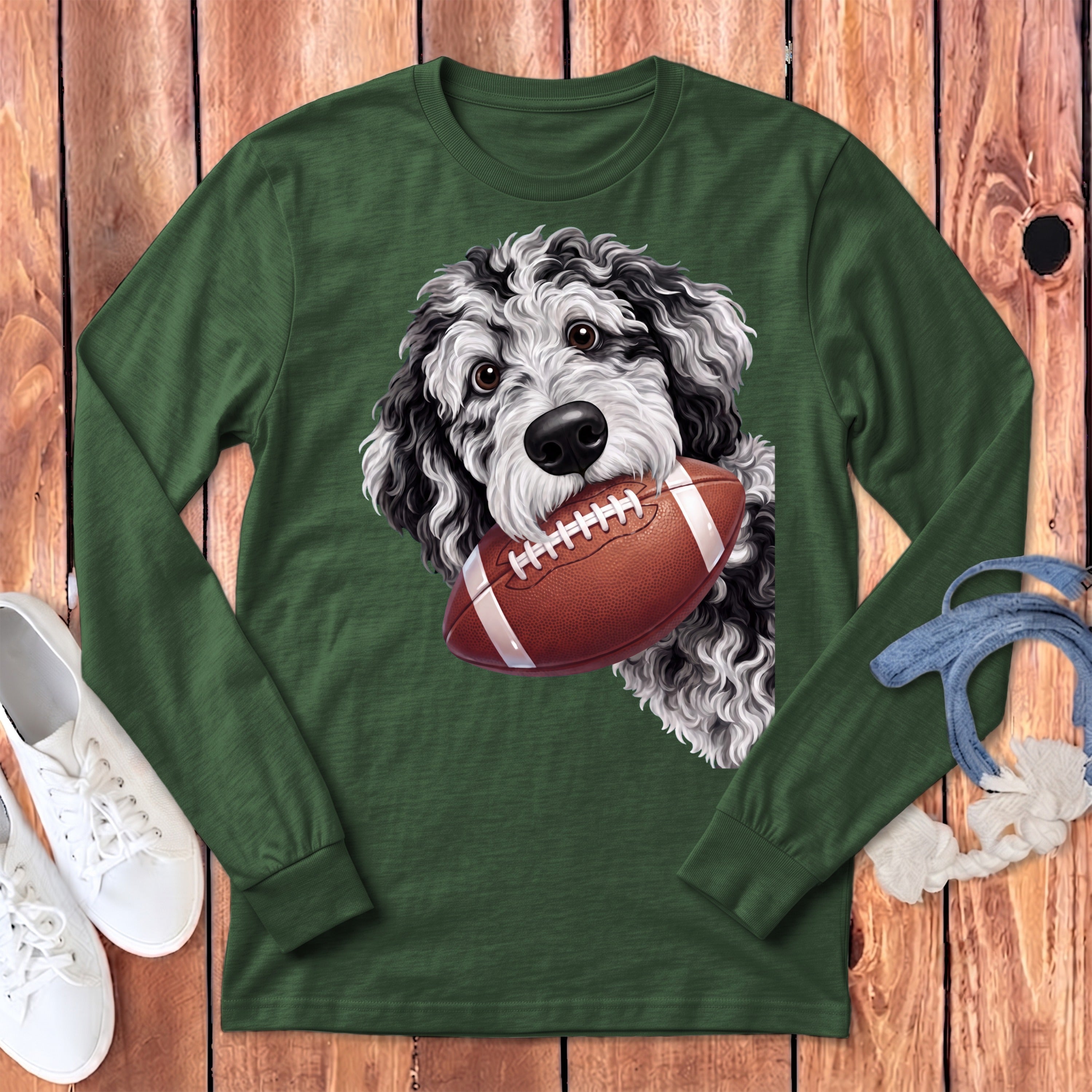 Dark green long-sleeved shirt with a black and white doodle dog holding a football.