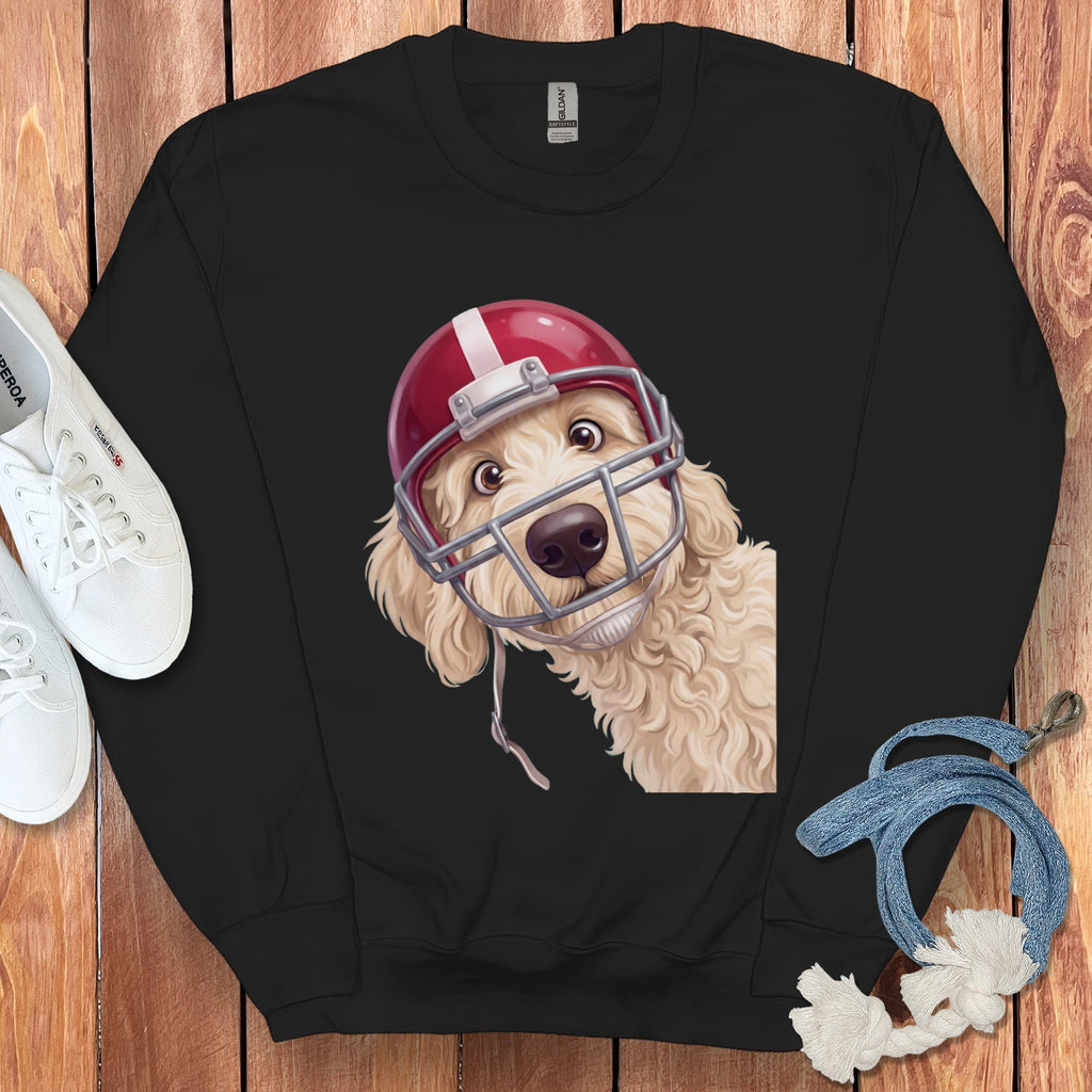 Cream Goldendoodle Football Helmet Sweatshirt in Black / S by Puppy Jo