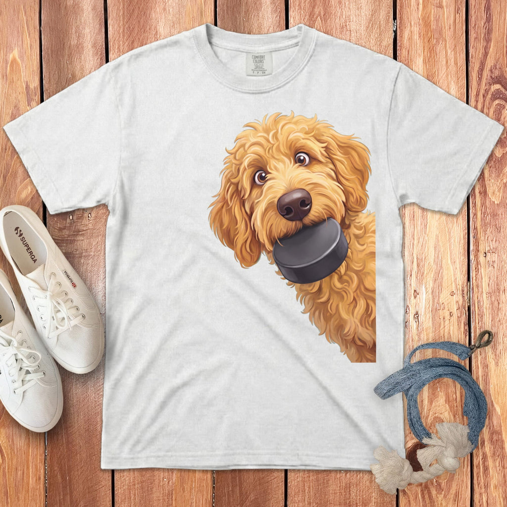 Golden Goldendoodle Hockey Puck Signature T-Shirt in White / S by Puppy Jo