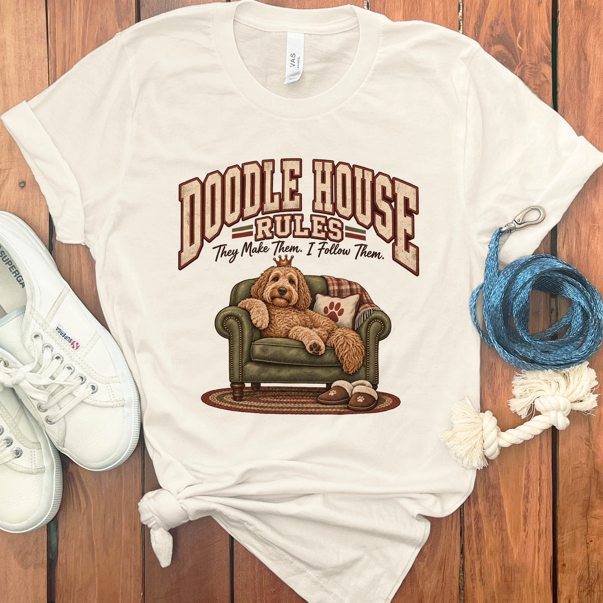 T-shirt with "Doodle House Rules" text and a dog on a couch.