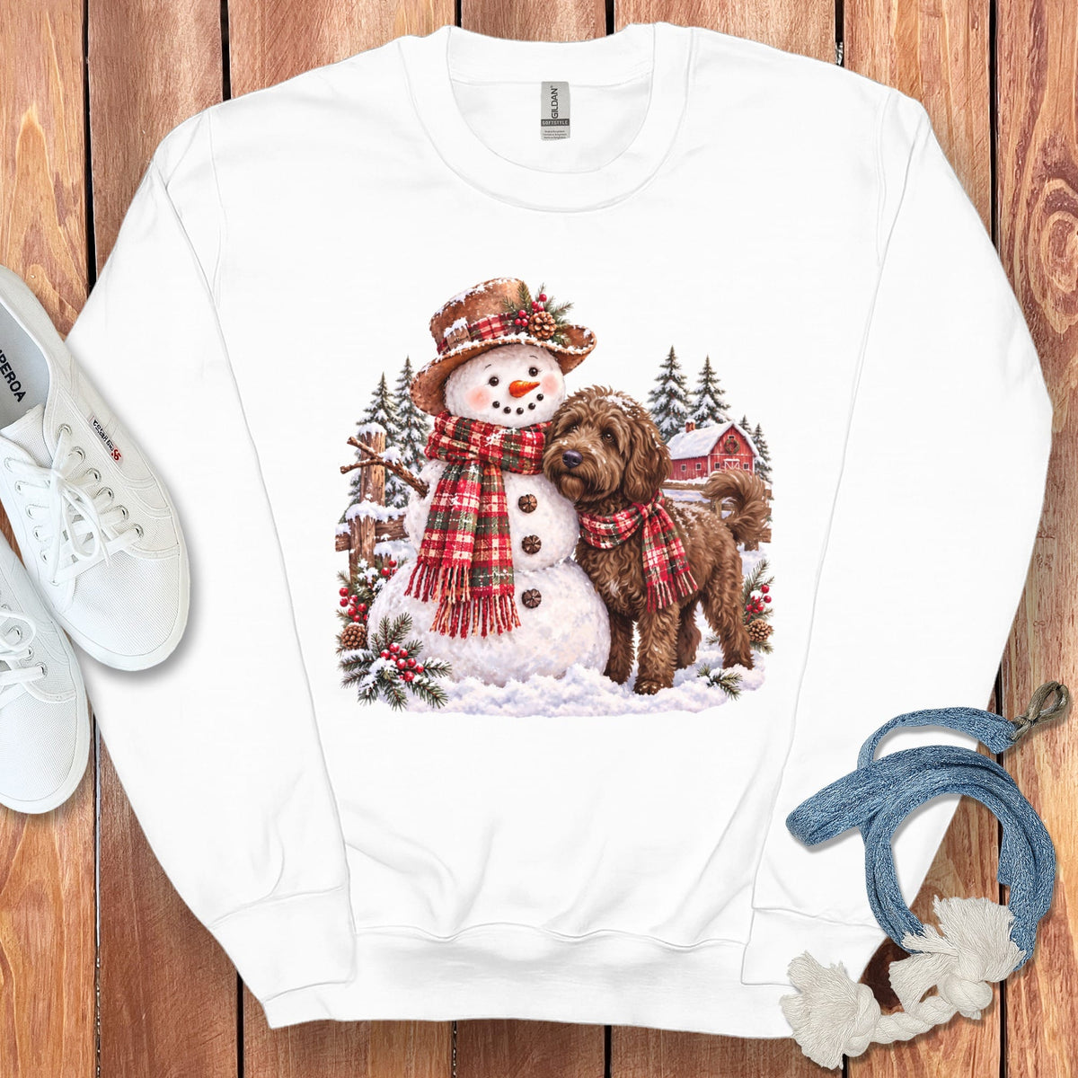 Chocolate Goldendoodle Christmas Snowman Sweatshirt in White / S by Puppy Jo
