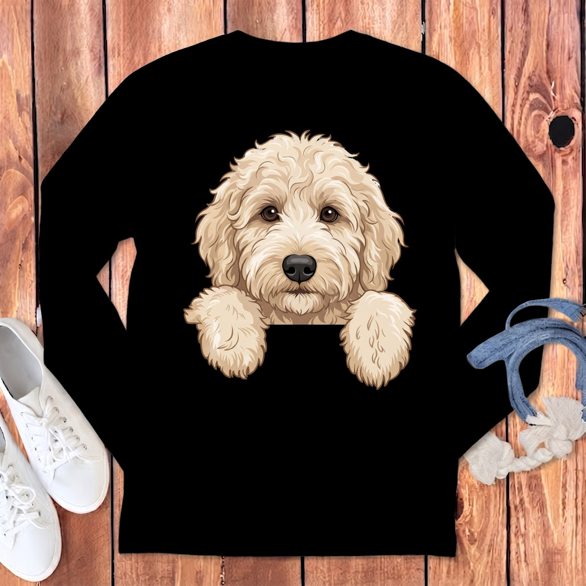 Black long-sleeve shirt with illustration of a fluffy golden doodle dog peeking over the collar.