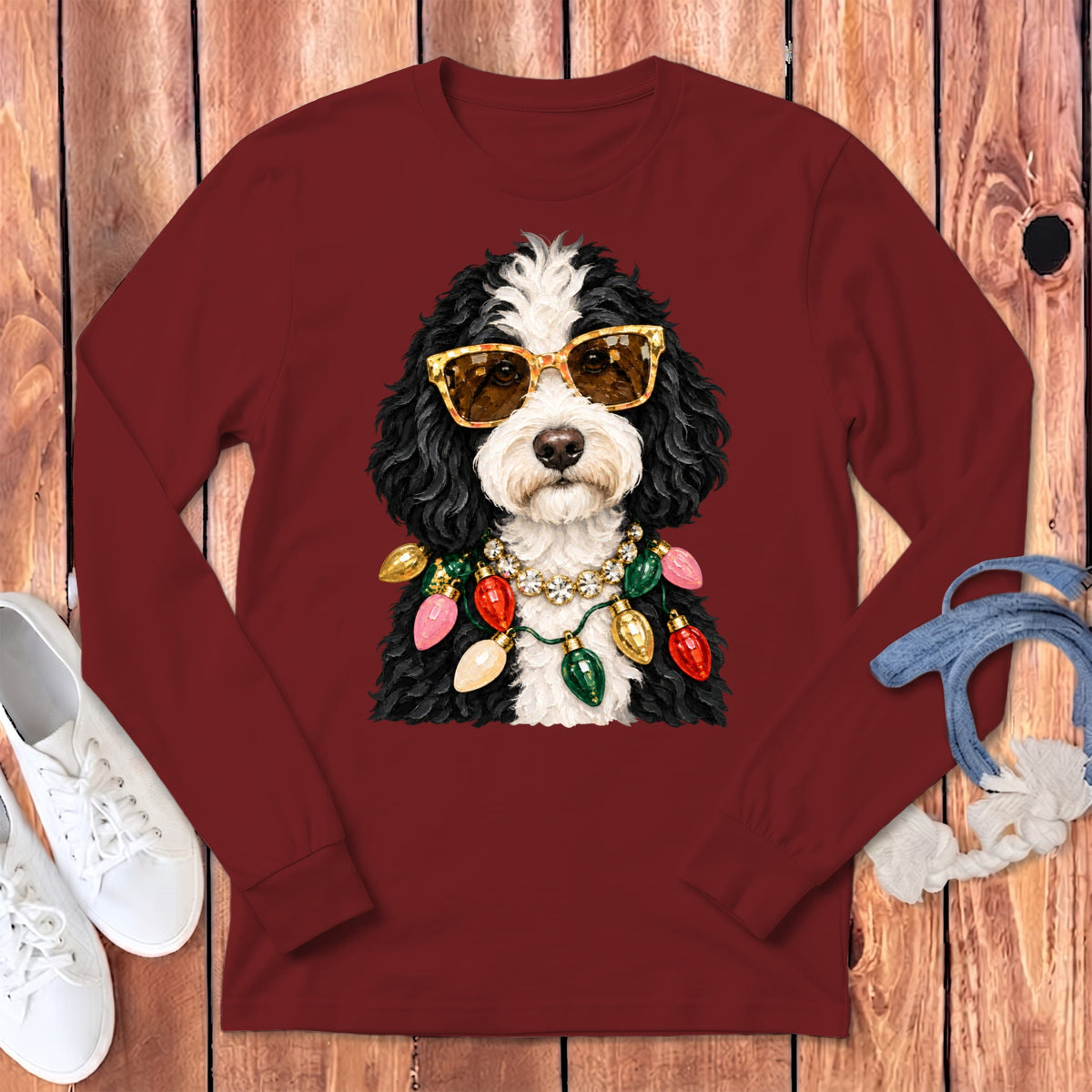 Sheepadoodle Christmas Glam Long Sleeve T-Shirt in Cardinal / S by Puppy Jo